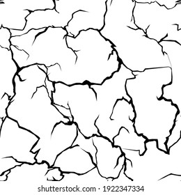 Cracks abstract pattern, broken ground earth texture vector illustration. Ink desert barren dry land, textured damaged walls or soil surface due to earthquake environmental disaster in white and black