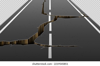 Cracks in Asphalt Roads caused by Earthquakes. Cracks on the Highway on a Transparent Background. Vector Illustration