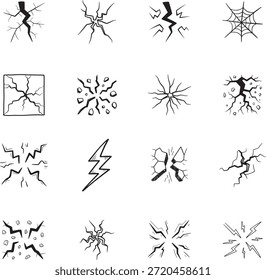 Cracks and Breaks doodle line art collection. Includes line art symbols crack, break, fracture, damage, lightning and more. Isolated doodles. Crack doodle set. Minimalist doodles pack.