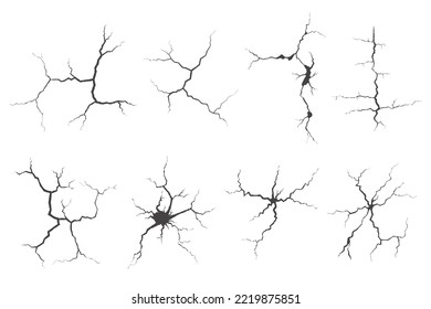 Cracks collection on wall, earth or stone. Scratches lines on surfaces. Lightning and thunderstorm vector illustrations. Fissure on ground and ice. Graphic explosions textures with holes