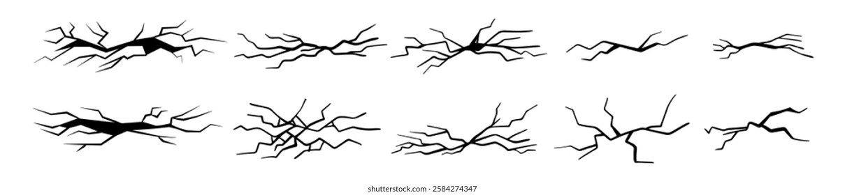 Cracks and damage on ground. Vector isolated earthquake impact and result. Disaster and breaches, destruction and fracture, old texture effect. Drought on soil, lines and breaks grungy holes