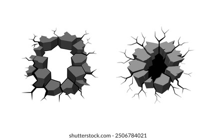 Cracks Damage Smash Wall Texture Icon, Ground Concrete break with fissure split lines of fractures. Cracks pattern effect on vector background