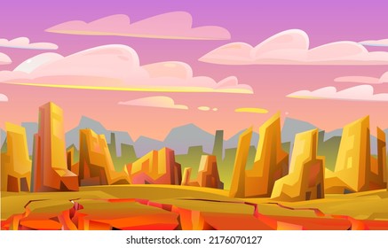 Cracks in earth crust. Rocky landscape. Sharp stone cliffs. Horizontal Seamless illustration. View of an uninhabited planet. Desert during the day. Vector