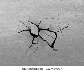 Rachaduras em concreto cinza, ilustração vetorial realista. Danos causados por terremotos, terra batida, seca ou erosão. Deterioração e efeito de envelhecimento. Construção ou tema de desastre.