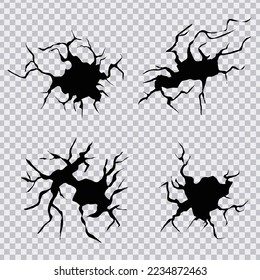 Cracks in ground. Cracks, splits and holes in ground. Vector realistic set of fissure in ground, crevices from disaster or drought, black fractures