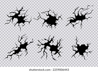 Grietas en el suelo. Grietas, divisiones y agujeros en el suelo. Conjunto vectorial realista de fisura en el suelo, grietas de desastres o sequías, fracturas negras