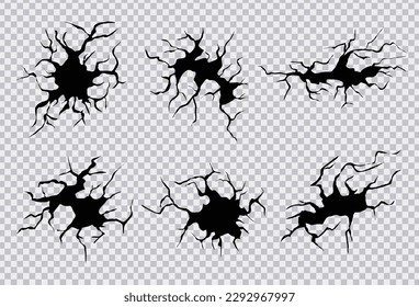 Grietas en el suelo. Grietas, divisiones y agujeros en el suelo. Conjunto vectorial realista de fisura en el suelo, grietas de desastres o sequías, fracturas negras