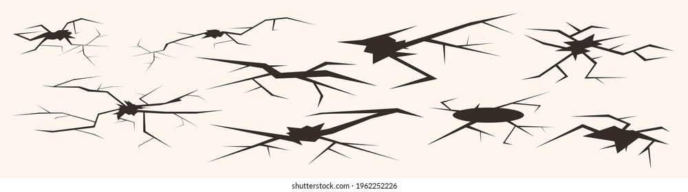 Grietas en el suelo o en la pared. Terreno dañado como resultado de un terremoto. Efecto de ráfaga o agujero. Un conjunto de grietas, suelo derrumbado, erosión o fractura. Ilustración vectorial.
