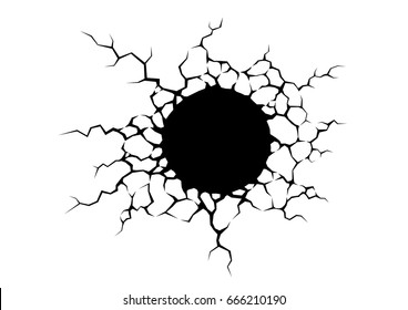 Cracks hole in the wall. Spark or damage on white background. Texture design in grunge style. 