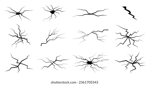 Juego de iconos de grietas. Elementos de ataque aislados por vectores. Diferentes fracturas de forma. Crack de golpe y choque en la tierra, hielo, ventana. Conjunto de éxitos simples en blanco y negro.