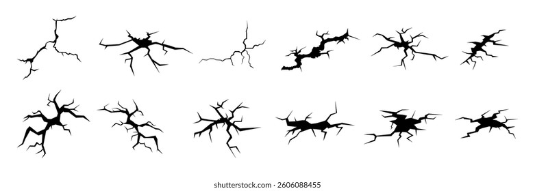 Cracks, a large set of cracks. Black cracks, lightning
