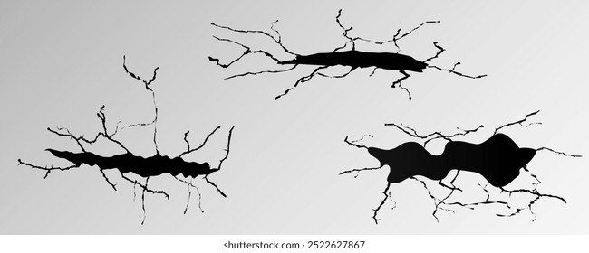 Cracks on the ground, cracks on the asphalt, road damage, earth surface, earthquake isolated on transparent png background.	
