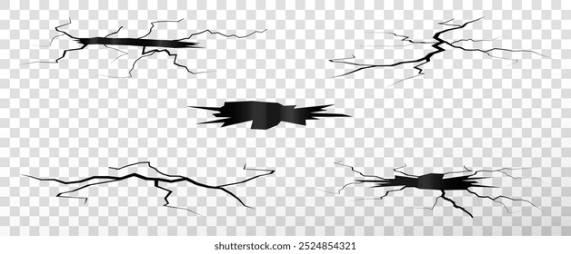 Cracks on the ground, cracks on the asphalt, road damage, earth surface, earthquake isolated on transparent png background.	
