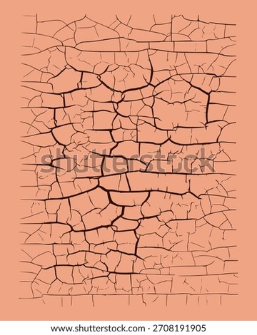 Cracks on surface, effect of dried-out, dry clay soil, and cracked plaster. Vector textured vertical illustration.