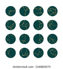 Se han puesto grietas. Colección vectorial de grietas de línea rota de círculo dorado y textura de arañazos para papel de pared, web, afiche, decoración del hogar, impresión, plato. Arte kintæjaponés. Patrón de textura de mármol dorado