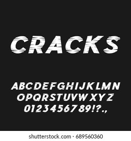 Cracks. Shabby Scratched Bold Italic Font. Sans Serif Typeface. Letters, Numbers, Punctuation Marks. Latin Alphabet. Vector