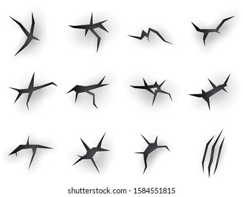 Cracks torn with claw scratches, vector realistic icons on white paper background. Beast claw marks with torn scratches and sharp fissures texture, dry damaged breaks and scraps