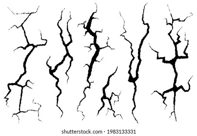Cracks wall. Fracture structure surface, cleft broken dry lining wall or destroyed cracked glass, earthquake destruction, damage texture effect. Ground fracture hole silhouettes vector set
