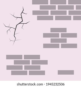 Cracks in the wall. Through hole. Damaged and destroyed brick wall and old plaster. The concept of repairing holes in the building. Vector.