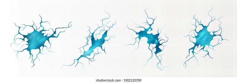 Cracks with water surface texture inside. Breaks in ground or ice with blue liquid aqua in hole. Vector realistic set of underground clean azure water in fissures isolated on transparent background