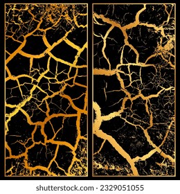 Juego dorado de superficie chocante. Grunge antiguo decorativo texturado. Superficie dorada de caries de lujo. Fondo seco del suelo. Ilustración vectorial dañada decoración de lujo en la pared. Fondo roto.
