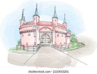 Cracow barbican - medieval fortifcation at city walls, Poland watercolor, vector illustration for travel magazine, poster, calendar, social media