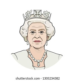 Cracow, Poland, JAN, 2019. Queen Elizabeth II Vector Portrait