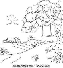 Cradle hanging on a tree vector illustration in cute line style coloring page suitable for adults and children