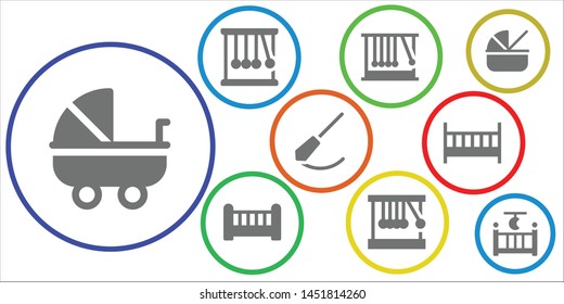 cradle icon set. 9 filled cradle icons.  Collection Of - Stroller, Momentum, Crib, Newton cradle, Pendulum, Cot,