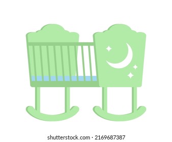 Cradle for a small child. Wooden green cradle with stars and a month for a girl or a boy. flat vector illustration isolated on white background