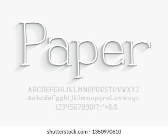 Craft Alphabet paper cut design. Vector English capital and small letters, numbers. Text Paper. Hand drawn serif font. White color, gray shadow.