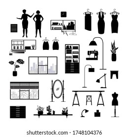 Craft area elements. Organize your own workplace for sewing and needlework. Flat vector illustration of furniture for interior.
