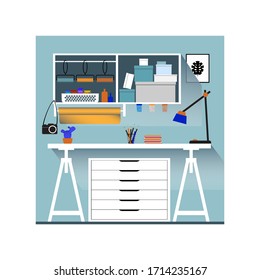 Craft area, work area. An organised place for paperwork. Flat vector illustration. 
