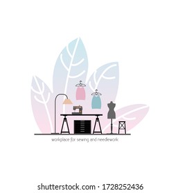 Craft area, work area. Workplace for sewing and needlework. Flat vector illustration. 
