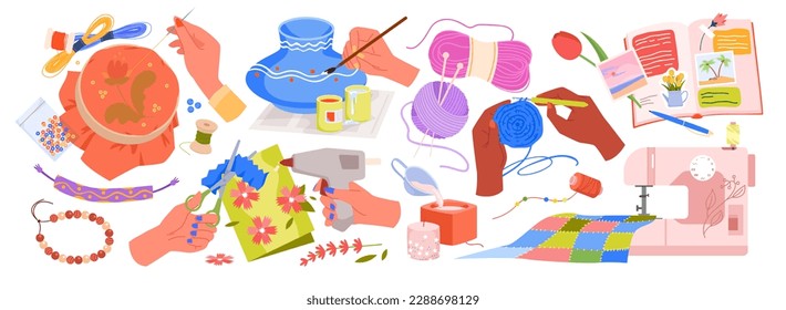 Craft art hobby set vector illustration. Cartoon hands making decoration for pottery, paper diary and embroidery, knitting and scrapbooking, diy supplies and tools for handmade craftwork collection