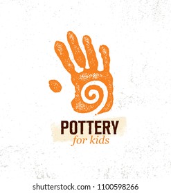 Craft Art Pottery Workshop For Kids. Hand Print With Swirl Inside. Organic Eco Vector Illustration On Natural Texture Background. 