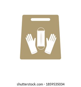 Craft bag with a picture of a safety mask and gloves. Close-up. Kraft package color. The color of the mask and gloves is white. The background is white. Flat design. Vector illustration.