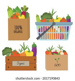 Craft Bags, Wooden Box And Shopping Basket Full Of Eco, Healthy And Organic Vegetables. Vegetarian Products, Organic Vegetables From Farm To Table. Delivery Of Healthy Food. Proper Nutrition. Harvest.