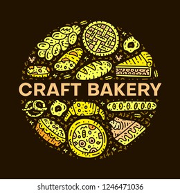 Craft bakery. Circle vector concept. Bakery doodle illustration. Text template.