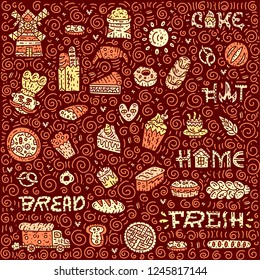 Craft bakery lettering card. Doodle vector illustration. Square bakey concept with bread, pizza, pie. Hand drawn cute concept.