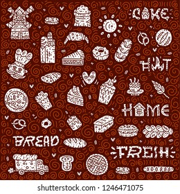 Craft bakery lettering card. Doodle vector illustration. Square bakey concept with bread, pizza, pie. Cartoon vector concept.