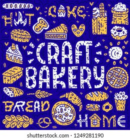 Craft bakery lettering card. Doodle vector illustration. Square bakey concept with bread, pizza, pie. Cartoon vector concept.