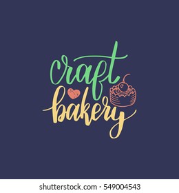 Craft Bakery vector lettering logo, badge. Calligraphy with cookie Illustration on black background for prints, cards, posters, products packaging, branding.