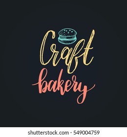 Craft Bakery vector lettering logo, badge. Calligraphy with cookie Illustration on black background for prints, cards, posters, products packaging, branding.