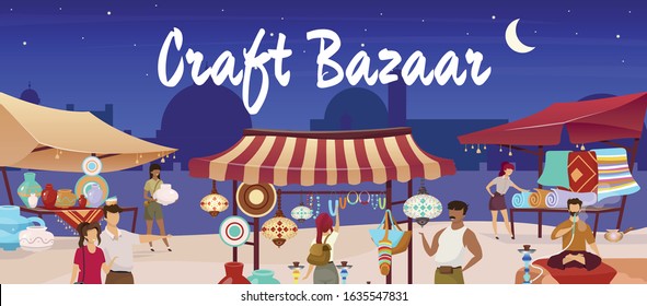 Craft Bazaar Flat Color Vector Illustration. Egypt Marketplace. Eastern Market With Souvenirs, Carpets, Pottery For Tourist. Travelers, Sellers Cartoon Characters With Trade Tents On Background