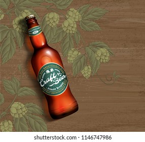 Cerveza artesanal en 3d ilustración sobre el fondo de la flor y la mesa de madera del lúpulo grabado