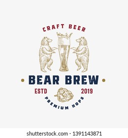 Craft Beer Abstract Vector Sign, Symbol or Logo Template. Hand Drawn Beer Glass with Foam Crown, Bears and Hop Sketch Sillhouette with Rustic Retro Typography. Vintage Emblem. Isolated.