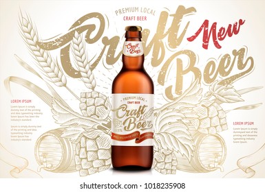 Рекламные объявления о крафте пива, изысканное пиво в бутылках в 3d иллюстрации, изолированные на ретро-фоне с пшеницами, хмелем и бочкой в стиле травления затенения