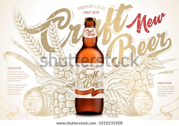 Craft beer ads, exquisite bottled beer in 3d illustration isolated on retro backgrounds with wheats, hops and barrel in etching shading style