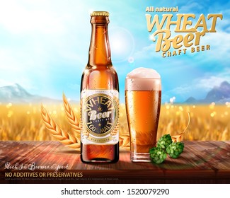 Craft beer ads with hops on wooden table, bokeh wheat land in 3d illustration